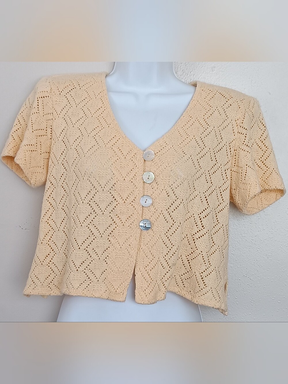 Rabbit Rabbit Rabbit Designs Yellow Open Knit V-Neck Button Cardigan Sz  P8 VTG